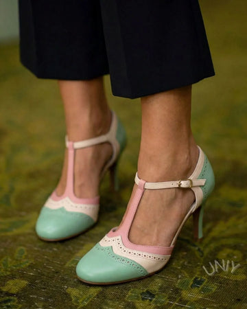 Stylish Colorblock Brogue T-Strap Versatile High Heels
