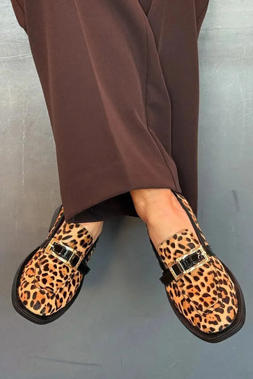 Leopard Print Strap Buckle Decor Round Toe Camel Loafers