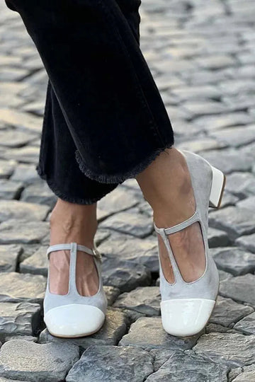 Patchwork T-Strap Buckle Round Toe Gray Low Heels