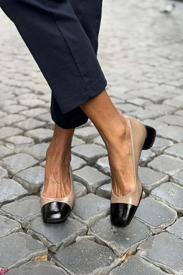 Patent Colorblock Round Toe Low Heel Pumps .