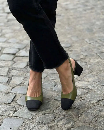 Vintage Olive Green Black Two Tone Slingback Block Heels