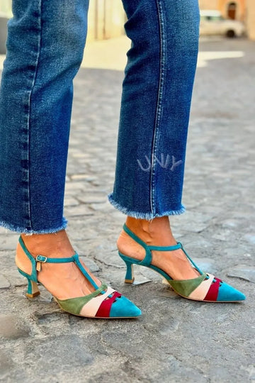 Multi Color Block Suede Pointed Toe T-Strap Kitten Heels