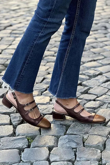 Instep Straps Buckles Patchwork Brown Sandals Heels