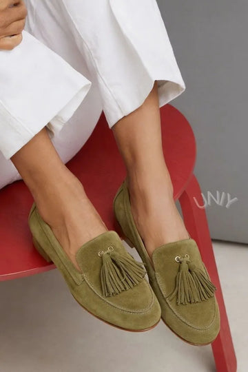 Chic Olive Green Faux Suede Tassel Slip-on Loafers
