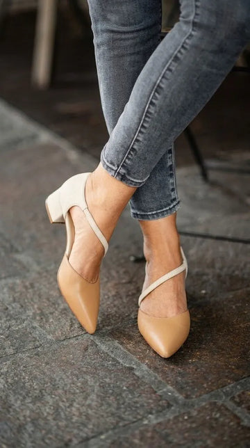 Tan Pointed Toe Asymmetric Strap Cream Block Heels