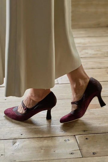 Patchwork Instep Strap Buckle Pointed Toe Burgundy Chunky Heels