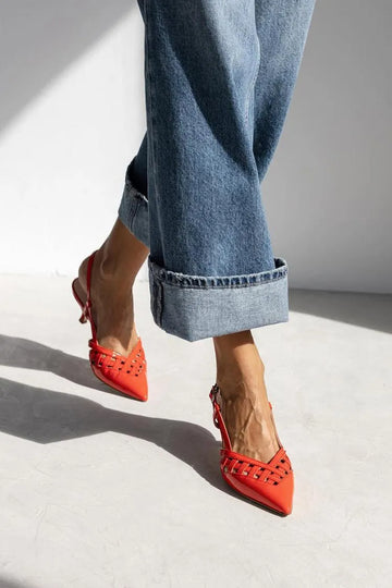 Hollow Out Pointed Toe Slingback Red Kitten Heels
