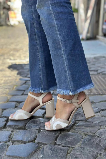 Patchwork Open Toe Slingback Khaki Chunky Heels