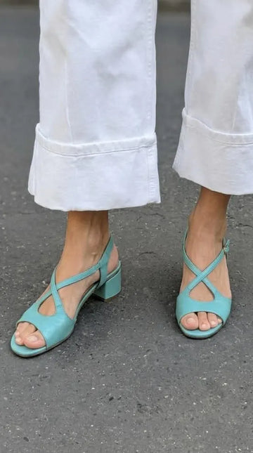 Strappy Leather Peep Toe Slingback Teal Chunky Heels