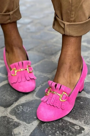Vintage Fuchsia Suede Fringe Gold Buckle Chunky Heels
