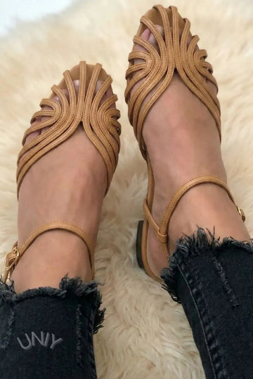 Chic Camel Strappy Cutout Peep Toe Flat Fashion Sandals