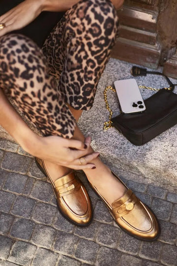 Metallic Sheen Patchwork Round Toe Gold Loafers