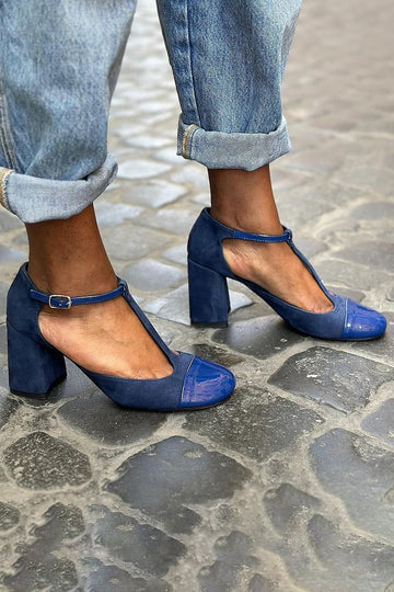 Patchwork T-Strap Buckle Round Toe Navy Chunky Heels