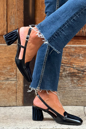 Square Toe Zebra Print Patchwork Black Chunky Heels