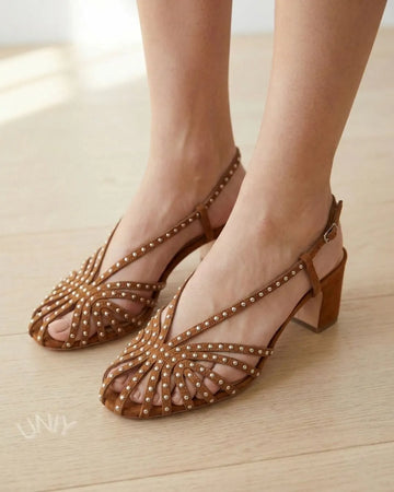 Stylish Brown Studded Multi Strap Block Heel Sandals