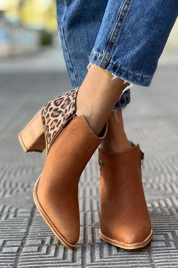 Pointed Toe Leopard Print Chunky Heel Brown Ankle Boots