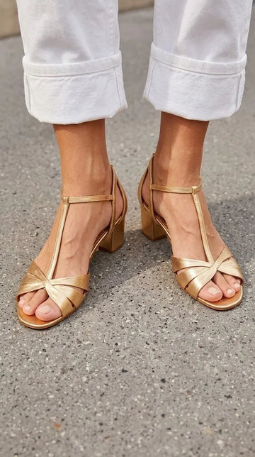 Metallic Gold Open Toe T-Strap Knotted Block Heels