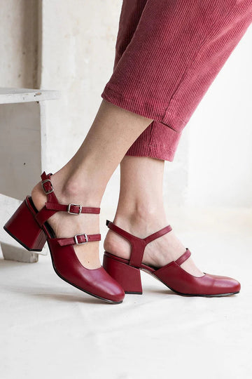 Instep Straps Buckles Slingback Burgundy Chunky Heels