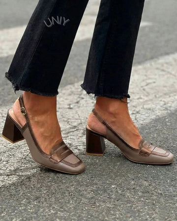 Elegant Color Block Square Toe Slingback Block Heels