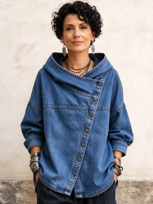 🤲LAST DAY SAVE 49% ⏰Women's Chic Denim Hooded Jacket - Relaxed Asymmetric Button Front Top