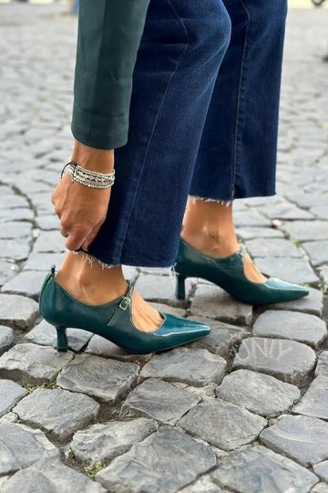 Dark Green Pointed Toe Mary Jane Buckle Strap Heels