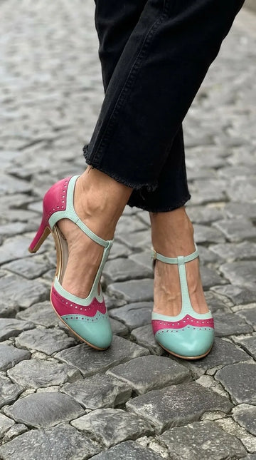 Teal Pink Two-Tone Brogue Perforated T-Strap Heels