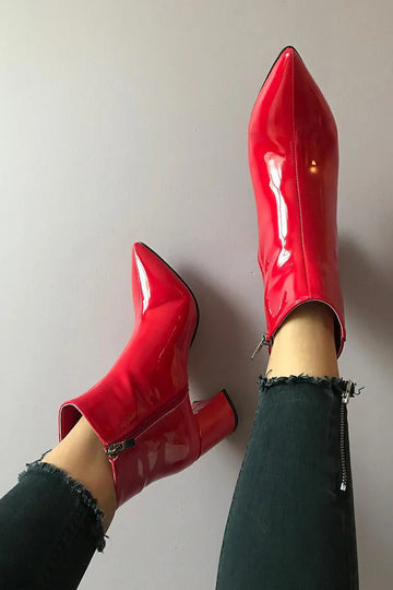 Solid Color Pointed Toe Zipper Red Chunky Heels Boots