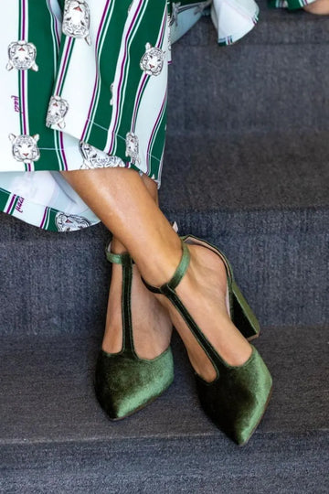 Chic Blue Velvet Pointed Toe T-Strap Block Heels