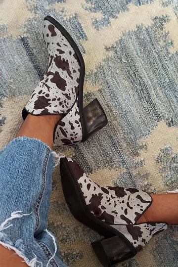 Cow Print Pointed Toe Chunky Heel Light Gray Western Boots