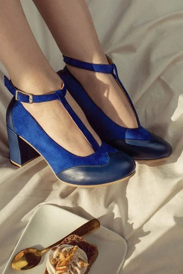 Suede Leather Colorblock T-Strap Round-Toe Chunky Heel Pumps