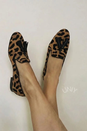 Vintage Leopard Print Pony Hair Tassel Casual Loafers