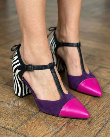 Colorblock T-Strap Pointed Toe Elegant Block Heel Pumps