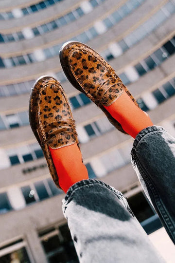 Leopard Print Round Toe Brown Leather Loafers