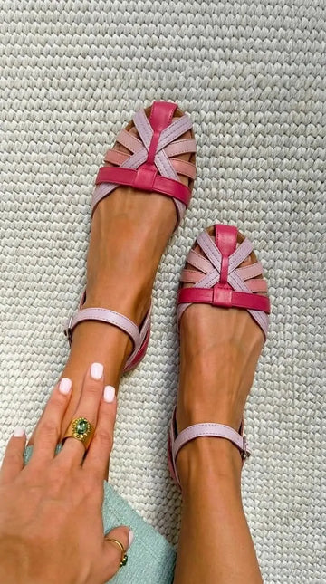 Pink Ombre Woven Closed Toe Ankle Strap Flat Sandals