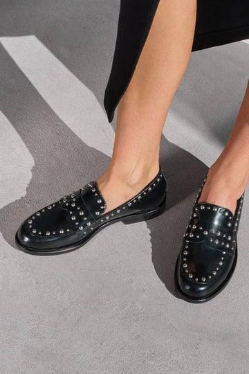 Silver Studded Round Toe Penny Black Flat Loafers