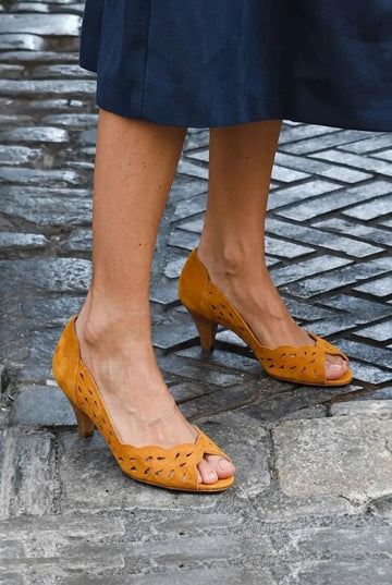 Laser Cut Peep Toe Pump Mustard Mid Heels