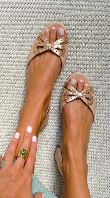 Metallic Bow Peep Toe Slingback Blush Block Heels