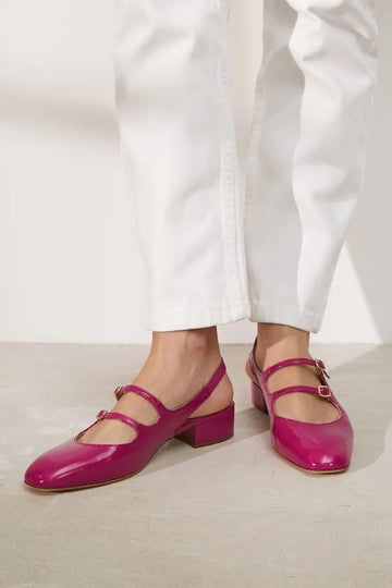 Fuchsia Double Strap Square Toe Slingback Block Heels