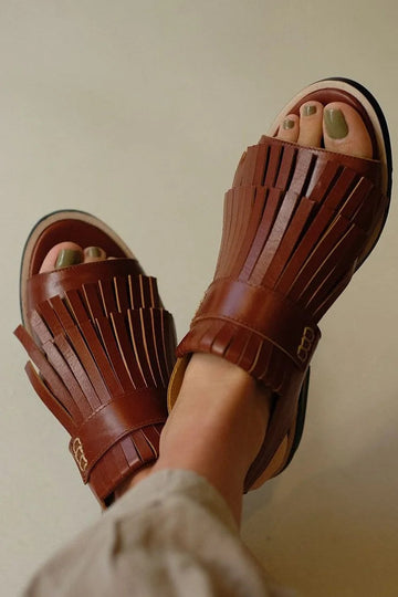 Delicate Fringe Open Toe Patchwork Slingback Brown Sandals