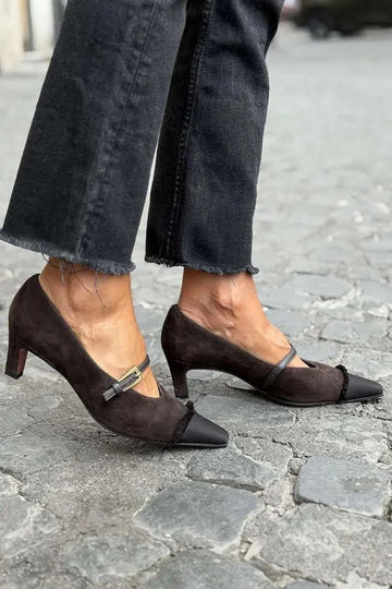 Patchwork Frayed Trim Square Toe Black Kitten Heels