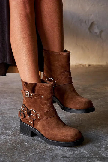 Round Toe Patchwork O-Ring Harness Brown Mid Boots