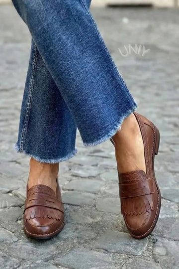 Retro Brown PU Leather Fringe Flat Kiltie Loafers