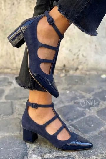 Navy Suede Patent Pointed Toe Multi Strap Block Heels