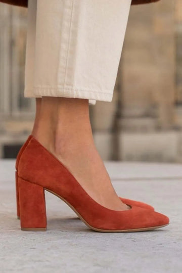 Suede Pointed Toe Chunky Block Heel Pumps