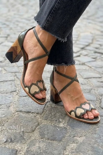 Heart Detail Crisscross Peep Toe Block Heel Sandals
