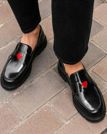 Black Patent Finish Red Heart Patchwork Platform Loafers