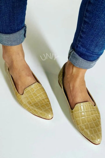 Yellow Croc Embossed PU Leather Pointed Toe Loafers