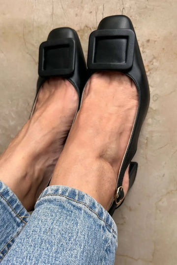 Faux Leather Black Square Buckle Block Heel Pumps