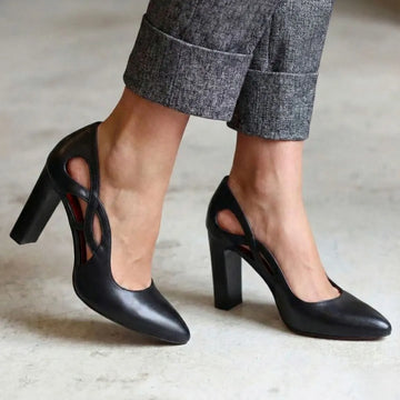 Elegant Black Pointed Toe Cutout Design High Block Heels
