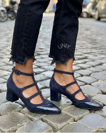 Chic Navy Suede Patent Brogue Mary Jane Block Heels